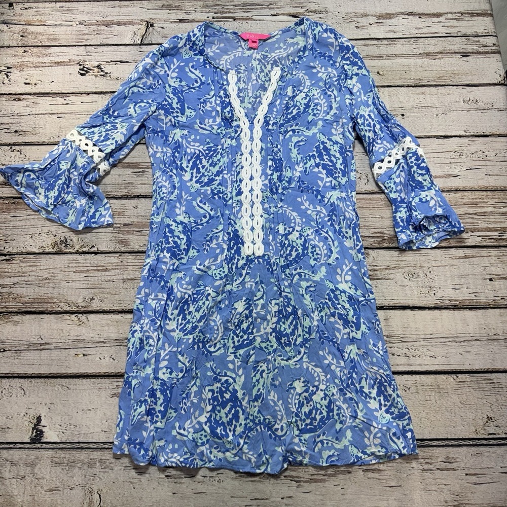 Lilly Pulitzer Hollie Tunic Dress Small Blue Beachy Tropical Turtles Bell Sleeve